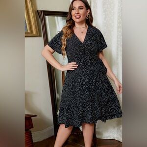 NWT Plus Size Short Sleeve Midi Wrap Dress Black White Polka Dot 1X 2X 3X